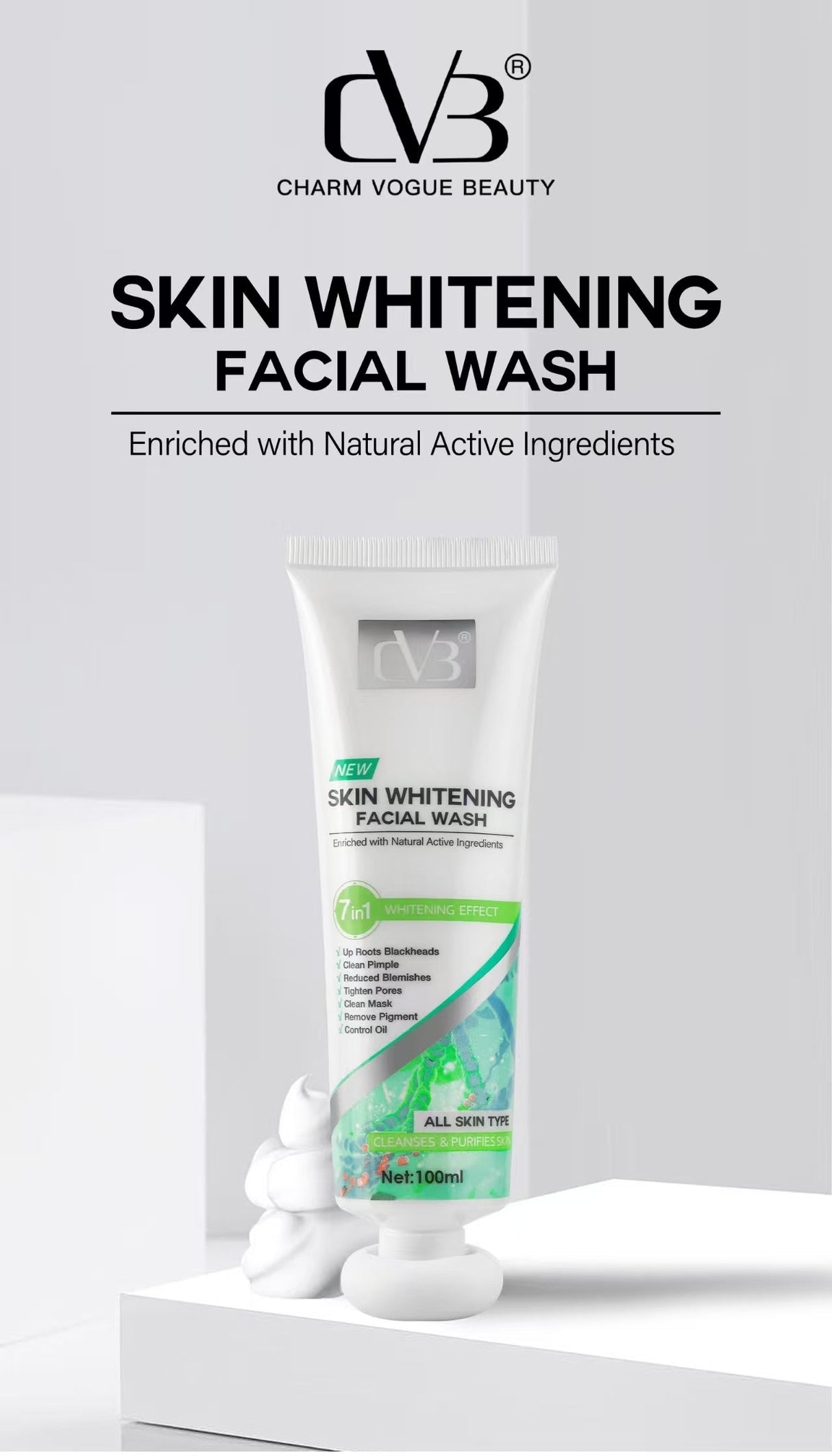 Skin whitening facial wash with 'DV3' branding on a white background