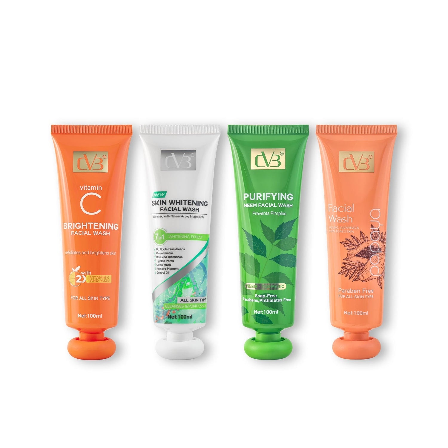 Four skincare products with different colored tubes on a white background