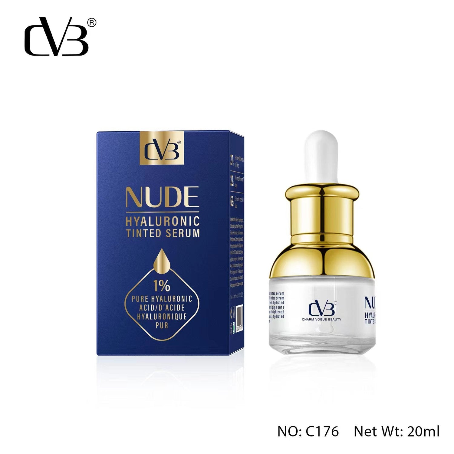 CVD3 Nude Hyaluronic Tinted Serum bottle and packaging on a white background