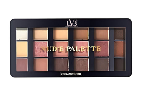 Makeup palette with various shades of eyeshadows on a white background