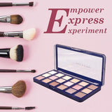 Makeup palette and brushes on a pink background with 'Empower Express Experiment' text.