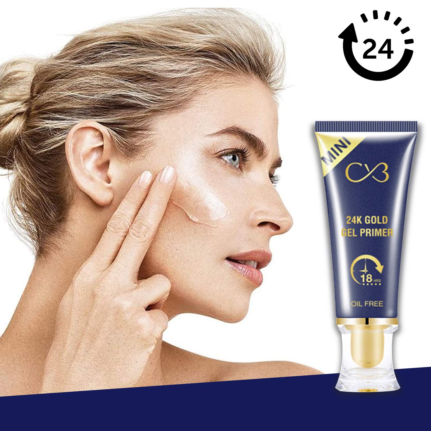 Woman applying cream to her face with a tube of C8 24K Gold Gel Primer in the foreground.