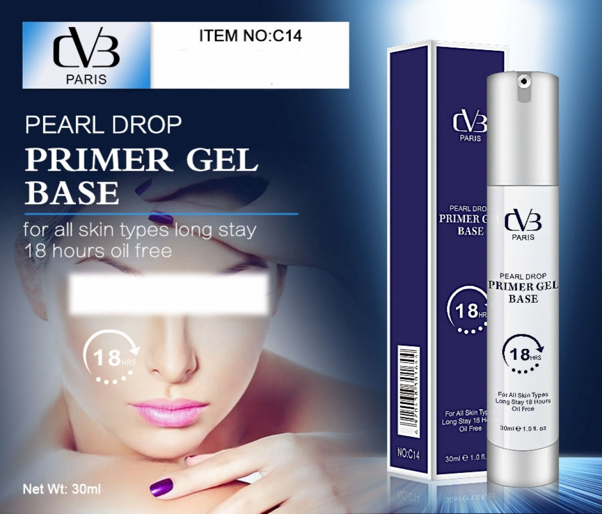 CVB Paris Pearl Drop Primer Gel Base with packaging and product image on a blue gradient background