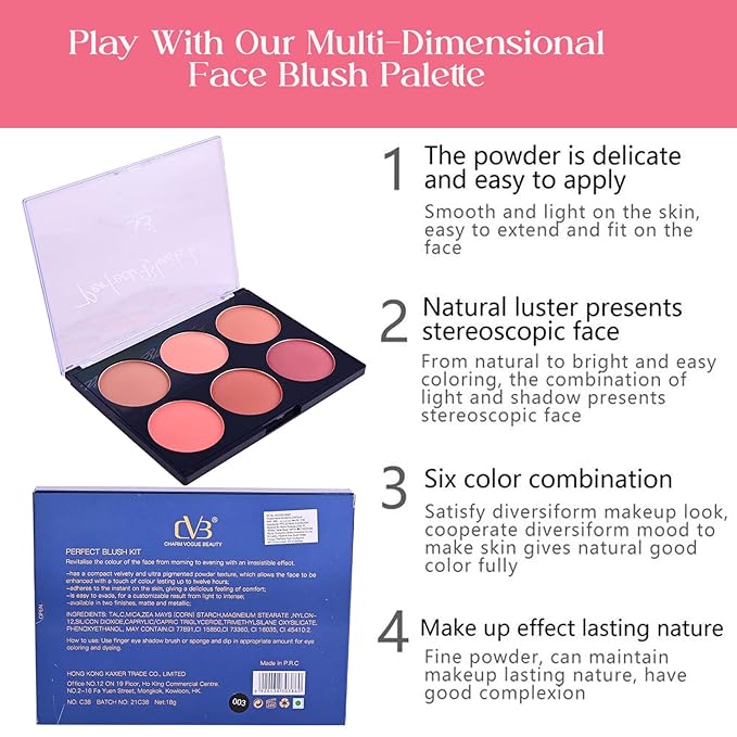 Multi-dimensional face blush palette with product packaging and features listed.