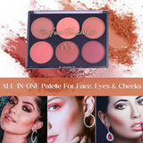 Makeup palette with blush shades and application examples on a colorful background