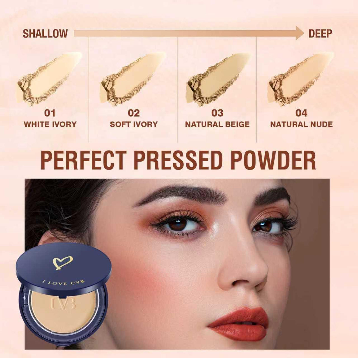 Cosmetic powder with color swatches and a compact on a beige background