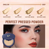 Cosmetic powder with color swatches and a compact on a beige background