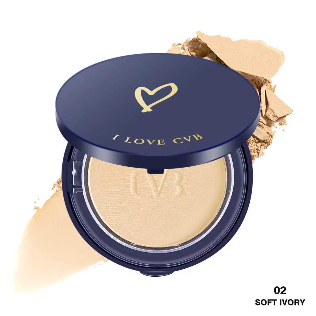 Compact powder in a navy blue case with 'I LOVE CVB' branding on a white background.