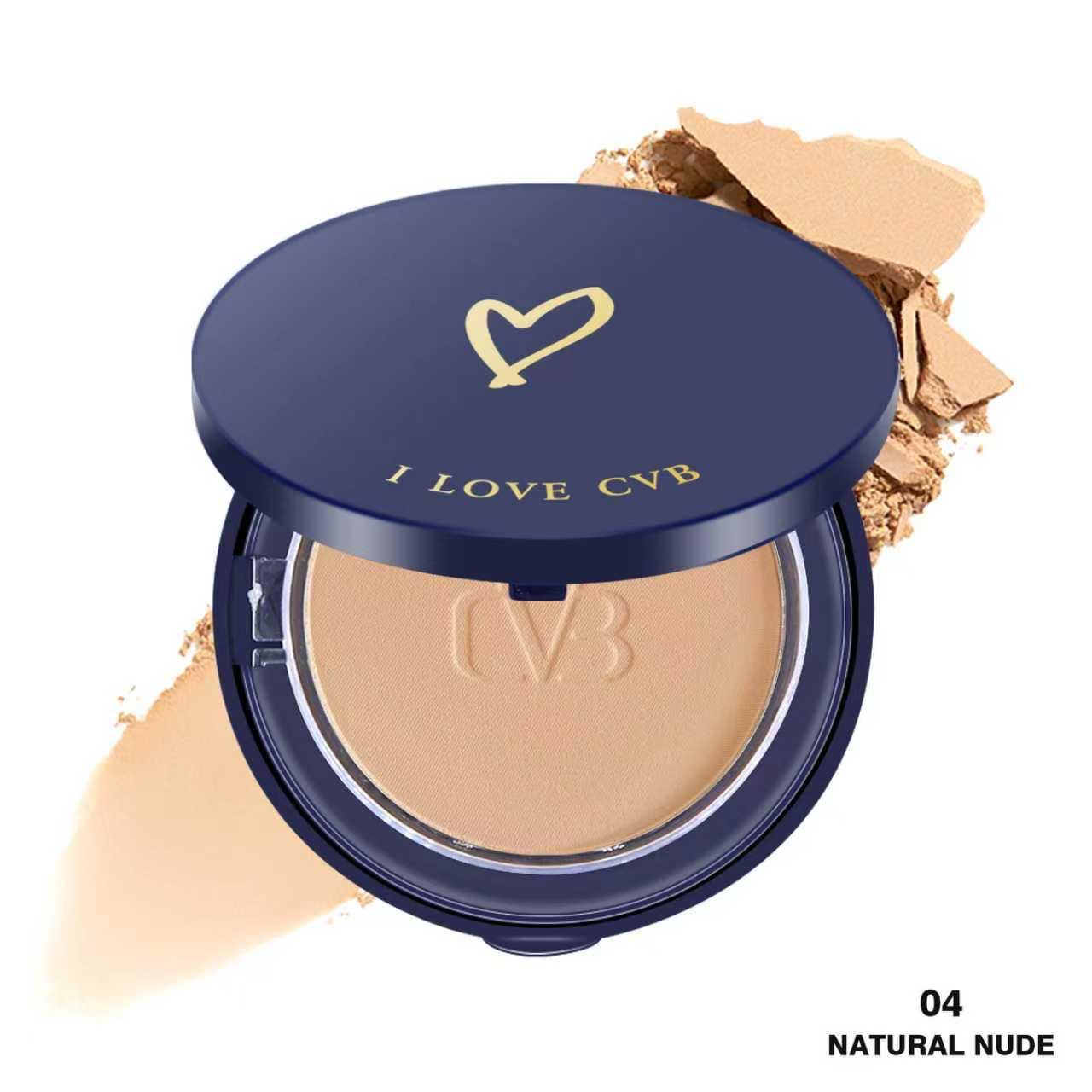 Compact powder with 'I LOVE CVB' branding on a white background