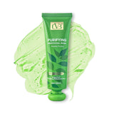 Green facial wash tube with green foam on a white background