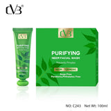 Green facial wash packaging with 'DVB' branding on a white background