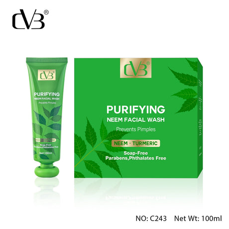 Green facial wash packaging with 'DVB' branding on a white background