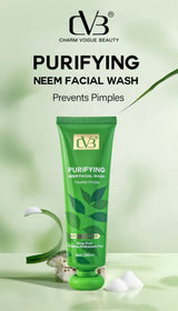 Green facial wash tube with 'DVB' branding on a light green background
