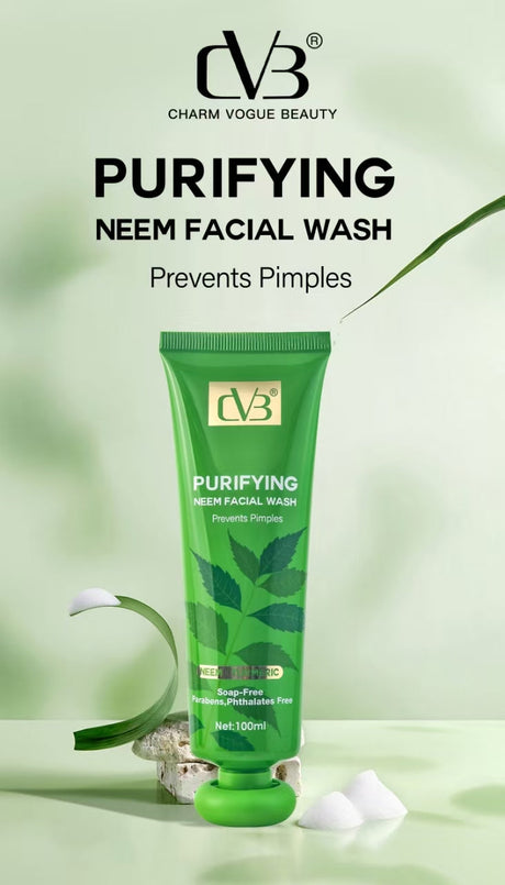 Green facial wash tube with 'DVB' branding on a light green background