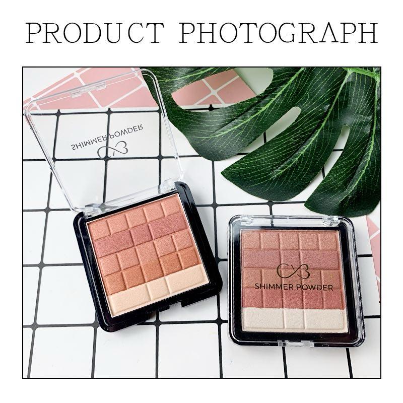 Two makeup products with 'Shimmer Powder' branding on a grid background with leaves.