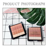 Two makeup products with 'Shimmer Powder' branding on a grid background with leaves.