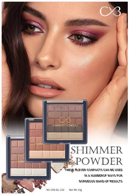 Makeup product advertisement featuring a woman with shimmery makeup and C3 Shimmer Powder compacts.