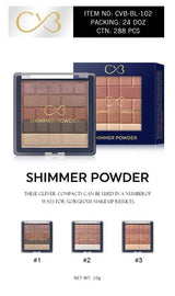 C3 Shimmer Powder compacts with packaging and product samples on a white background