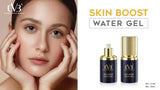Advertisement for CVB Skin Boost Water Gel featuring a woman's face and the product packaging.