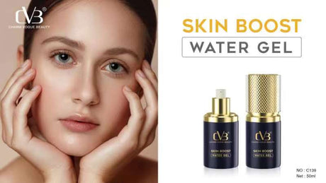Advertisement for CVB Skin Boost Water Gel featuring a woman's face and the product packaging.