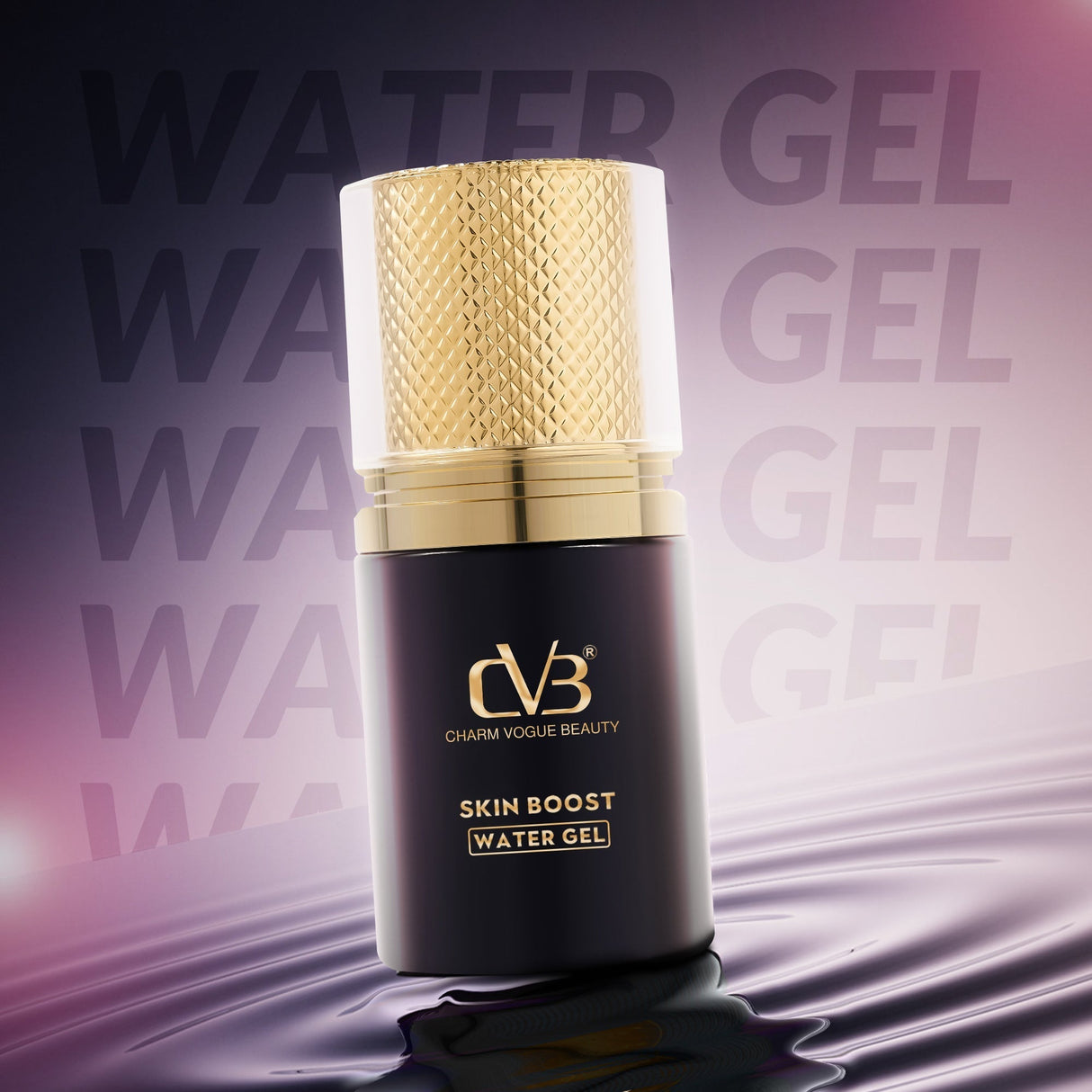 Cosmetic bottle labeled 'Skin Boost Water Gel' with gold cap on a purple water background