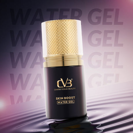 Cosmetic bottle labeled 'Skin Boost Water Gel' with gold cap on a purple water background