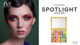 Makeup palette with colorful shades and a model wearing dramatic makeup, featuring the brand 'Charm Vogue Beauty'.