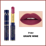 Lipstick with packaging and a close-up of lips wearing the lipstick, labeled 'Grape Wine'.