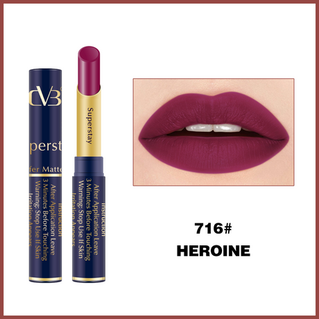Lipstick with 'CVB' branding and a close-up of lips wearing the shade 'Heroine'.