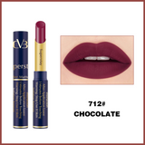 Lipstick with packaging and a close-up of lips wearing the color 730# Royal Red.