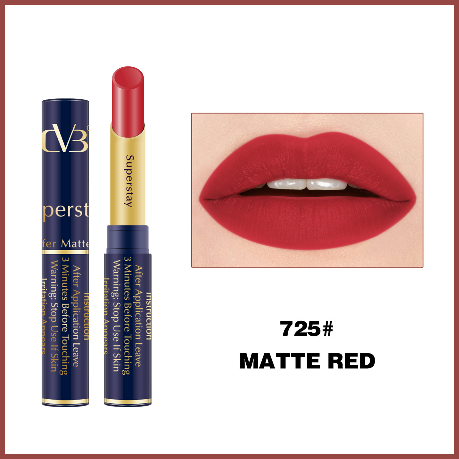 Lipstick with packaging and a close-up of lips wearing the lipstick, labeled '725# Matte Red'.