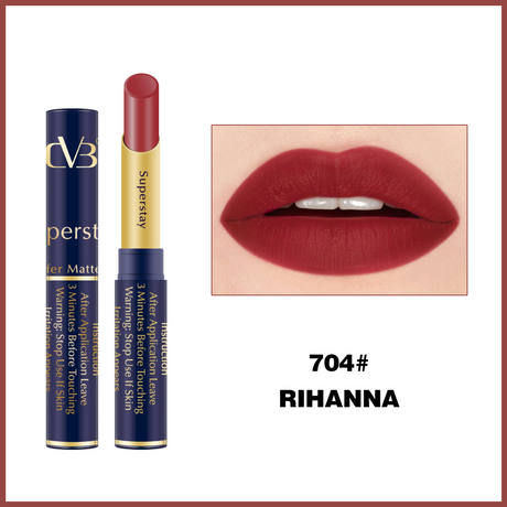 Lipstick with packaging and a close-up of lips wearing the shade 'Rihanna'.