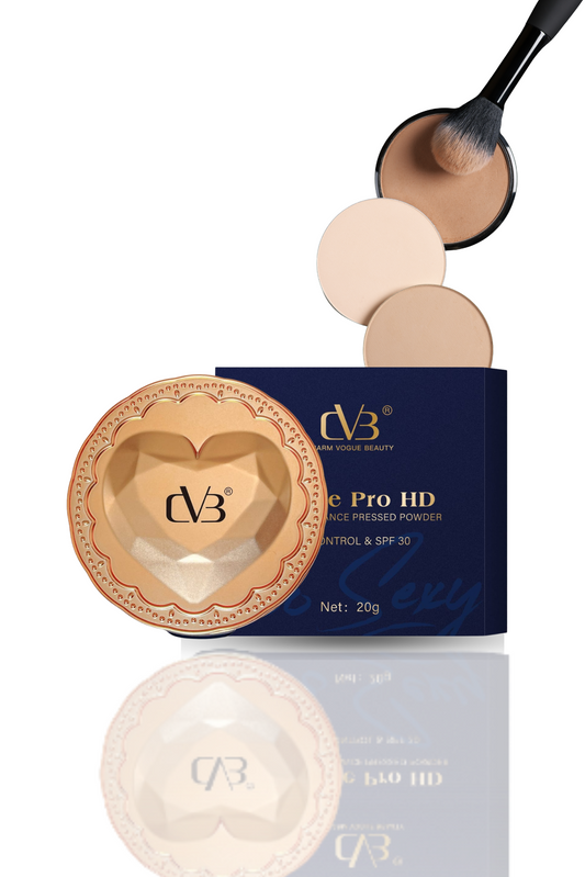 DBV Pro HD pressed powder with a brush and packaging on a white background