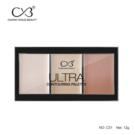 Charm Vogue Beauty Ultra Contouring Palette with three color swatches on a white background