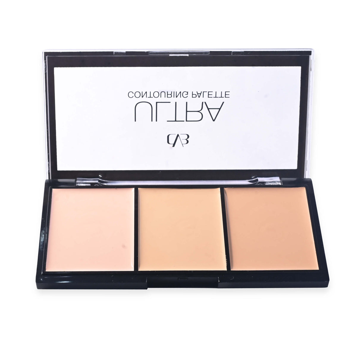 Makeup palette with three beige shades and brand name on a white background