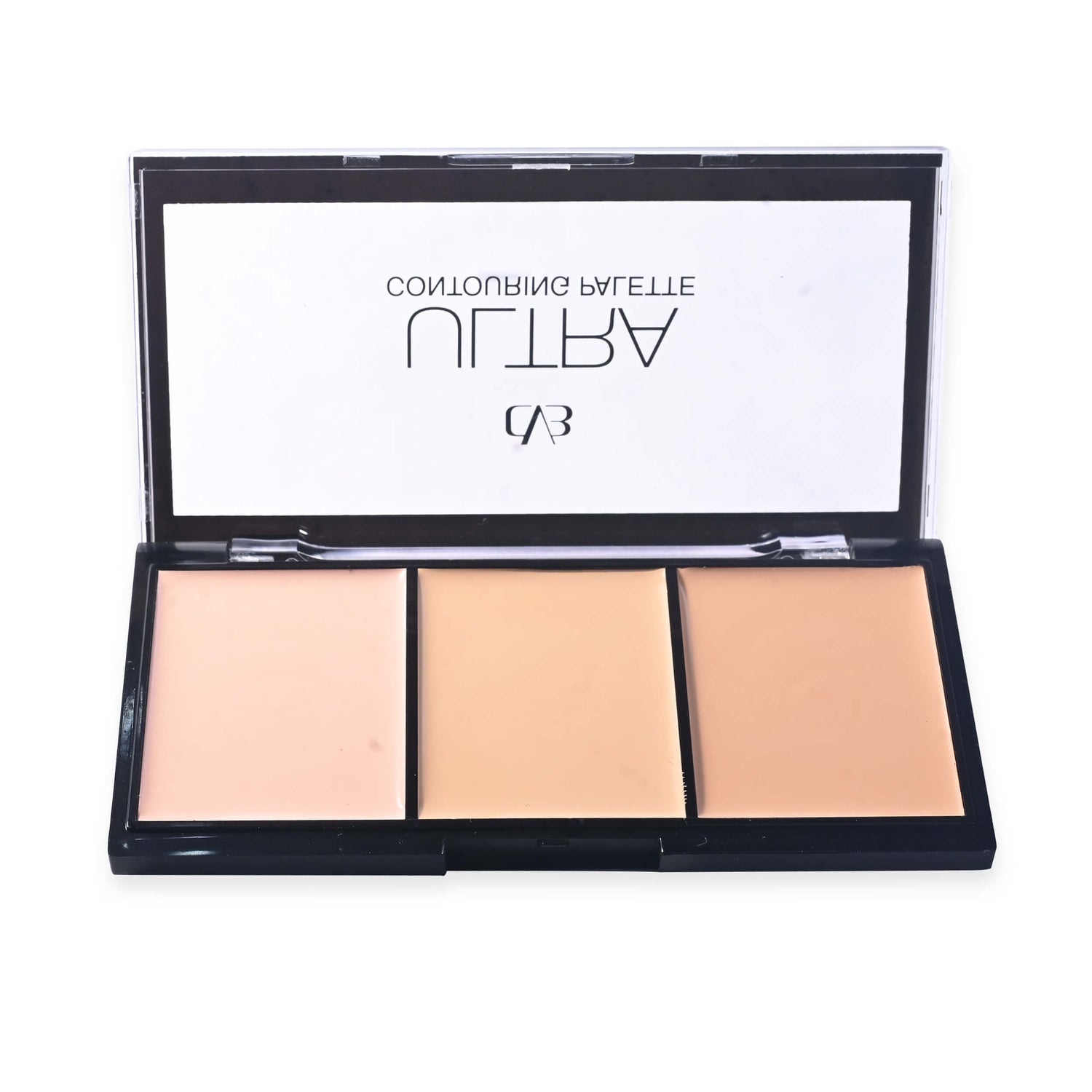 Makeup palette with three beige shades and brand name on a white background