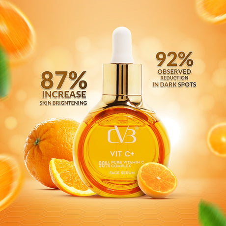 Vit C serum bottle with oranges and text about skin brightening on an orange background