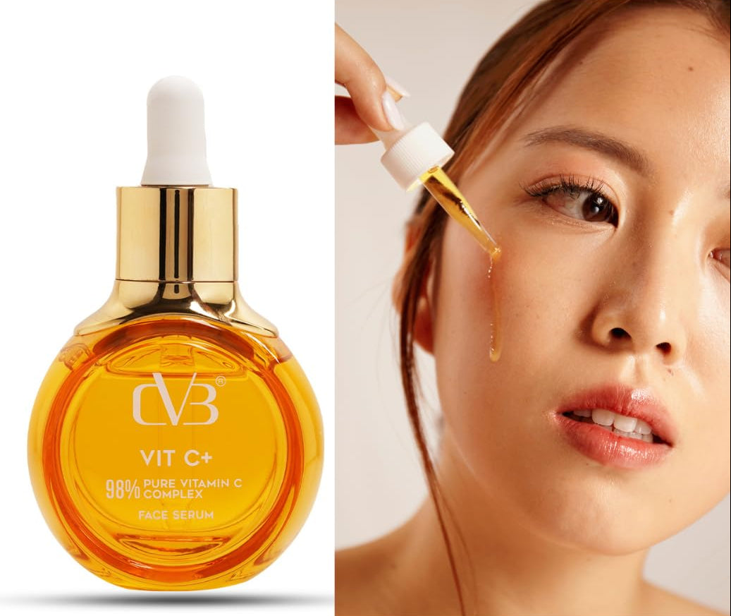 CVB Vitamin C+ face serum bottle with dropper and a close-up of a woman applying it to her face.