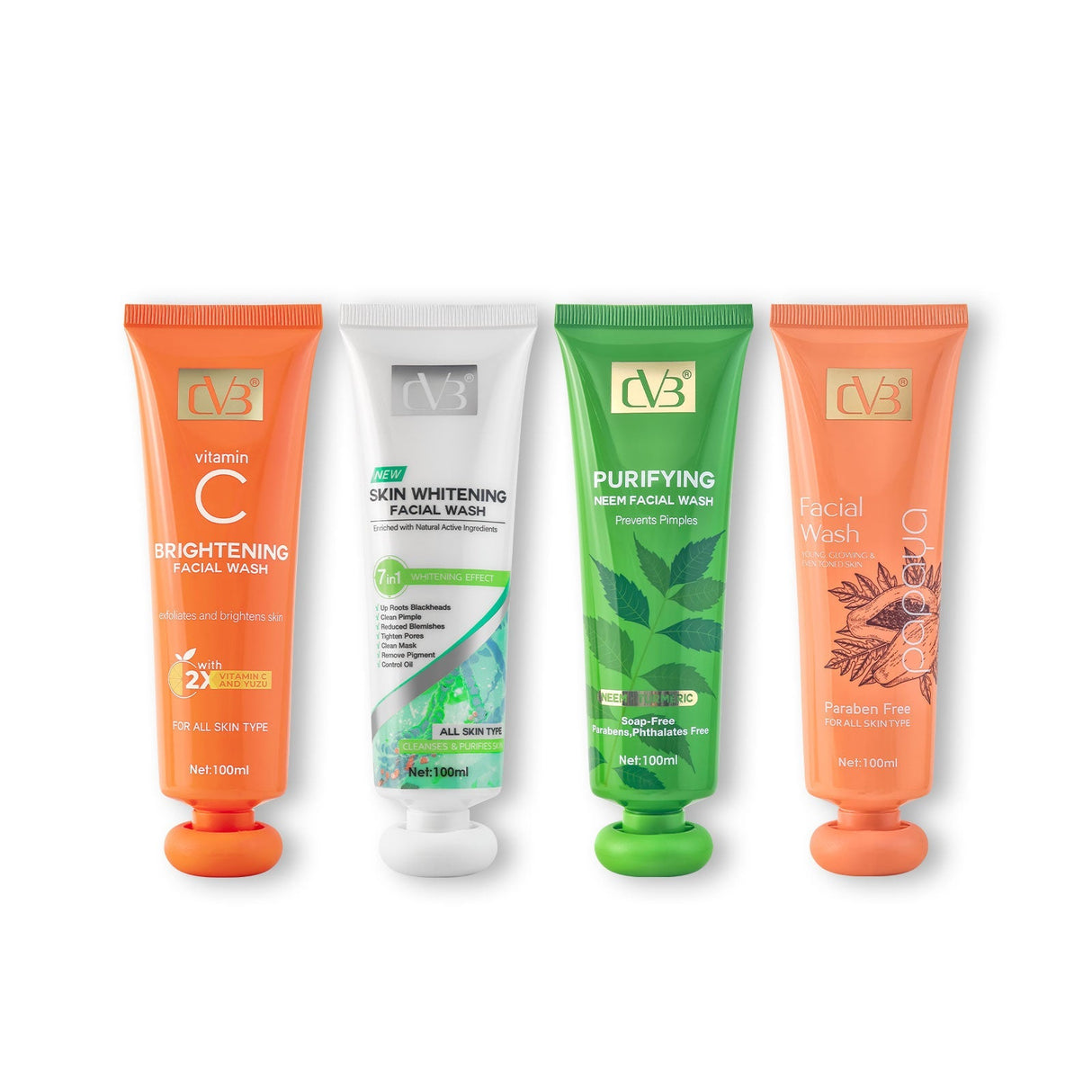 Four skincare products with different colored tubes on a white background
