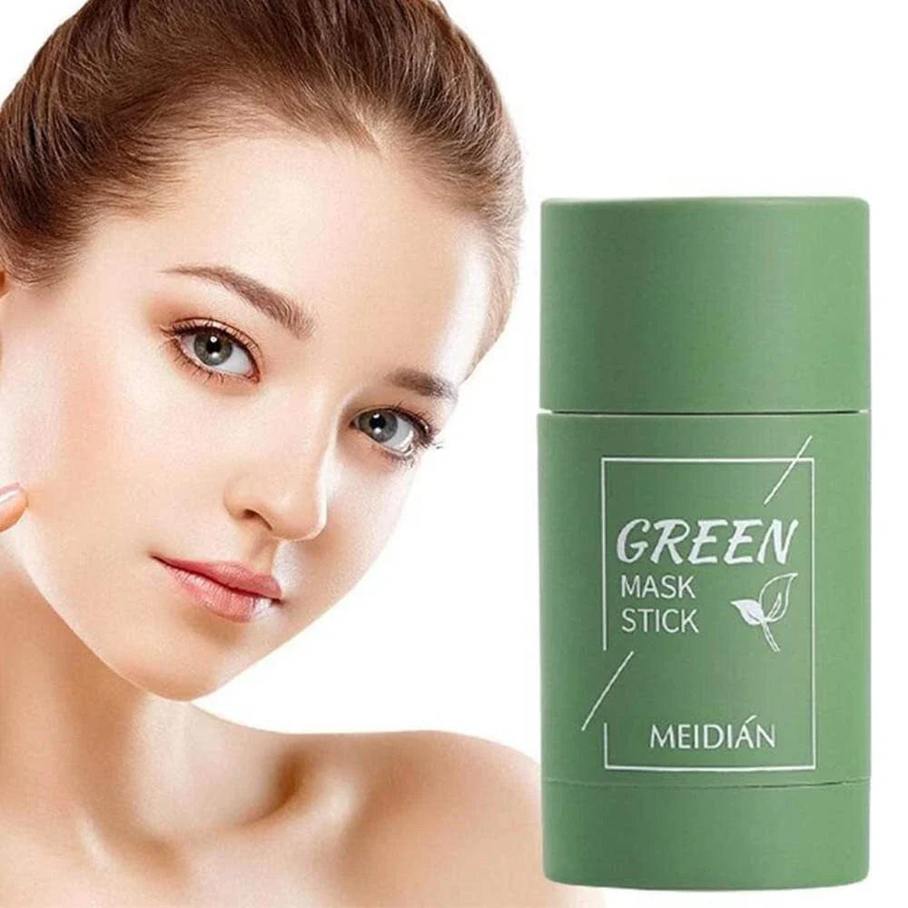Green mask stick with a model's face on a white background