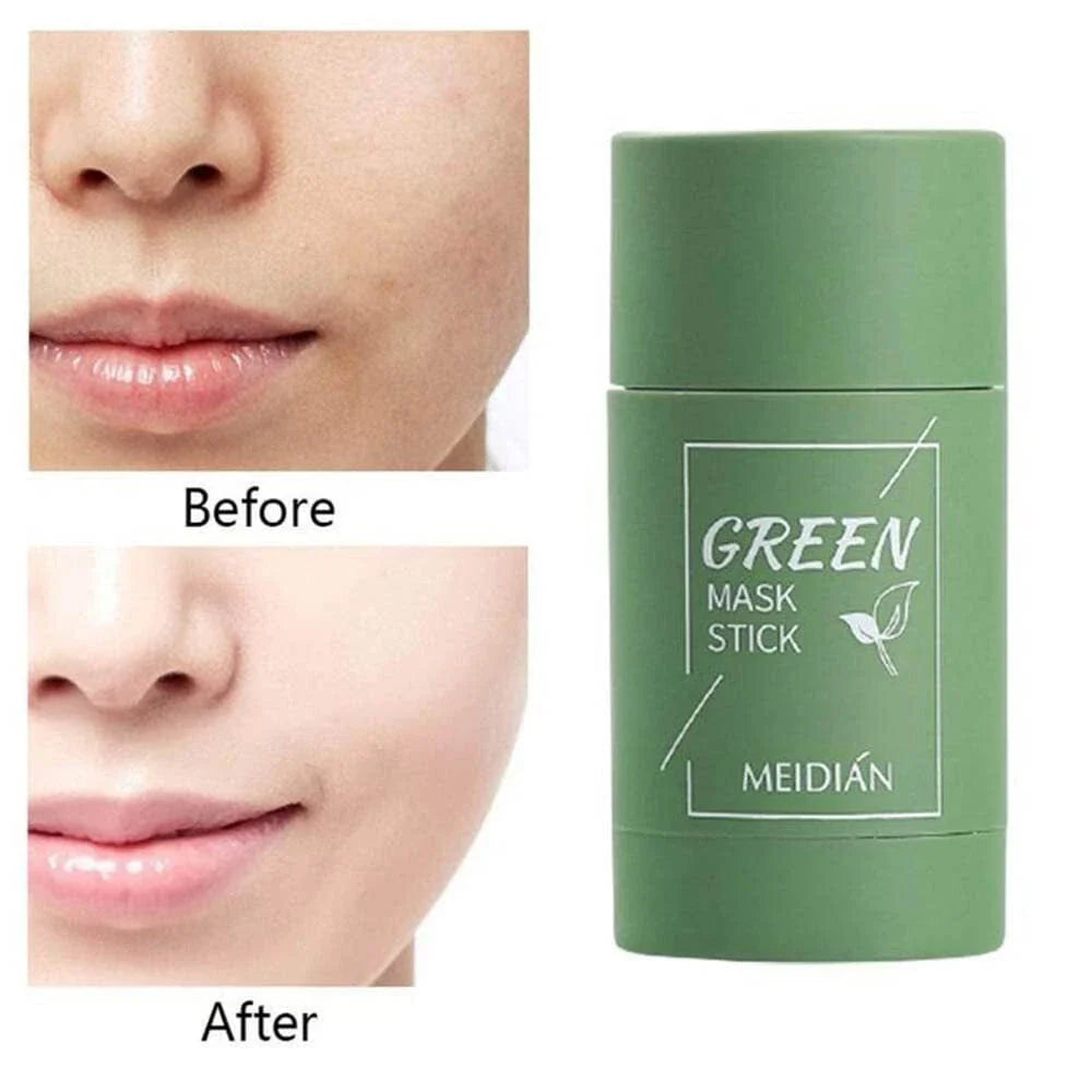 Green mask stick with 'MEIDIAN' branding next to a comparison of a person's lips before and after use.