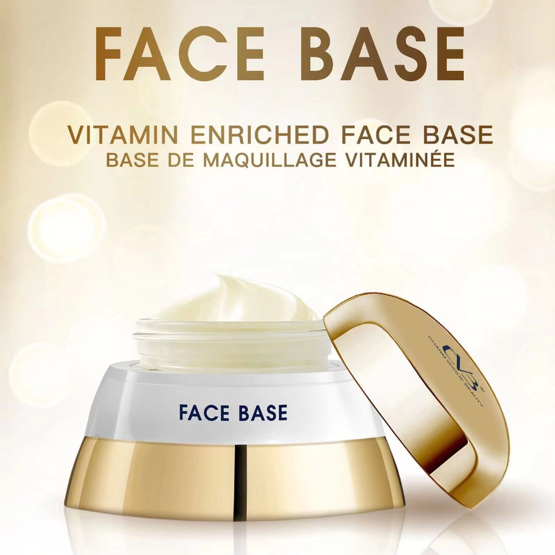 Charm Vogue Beauty Face Base cream with a gold lid on a beige background