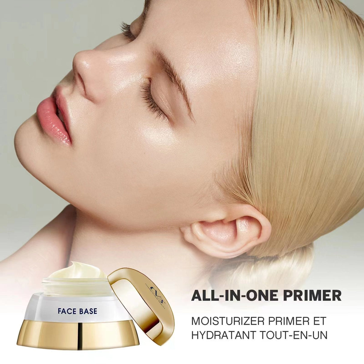Woman applying an All-in-One Primer with a close-up of the product on a light background