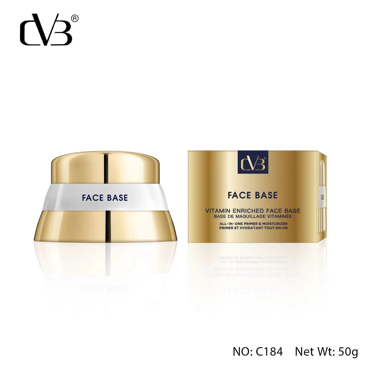 Gold face base cream jar and packaging on a white background with 'CVB' branding.