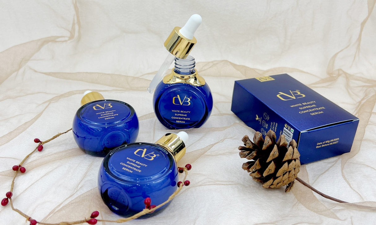 Cosmetic products with 'CVB' branding on a textured white background