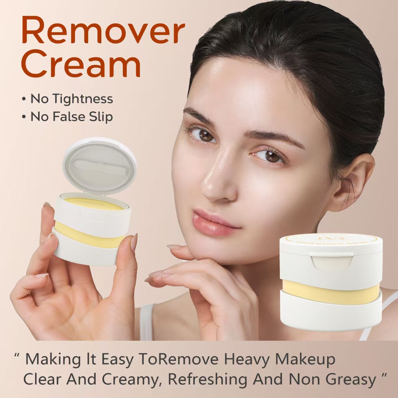 Woman holding a jar of remover cream with text highlighting its benefits on a beige background