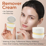 Woman holding a jar of remover cream with text highlighting its benefits on a beige background