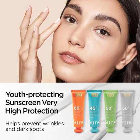 Woman applying sunscreen with a close-up of her face, and four sunscreen tubes below.