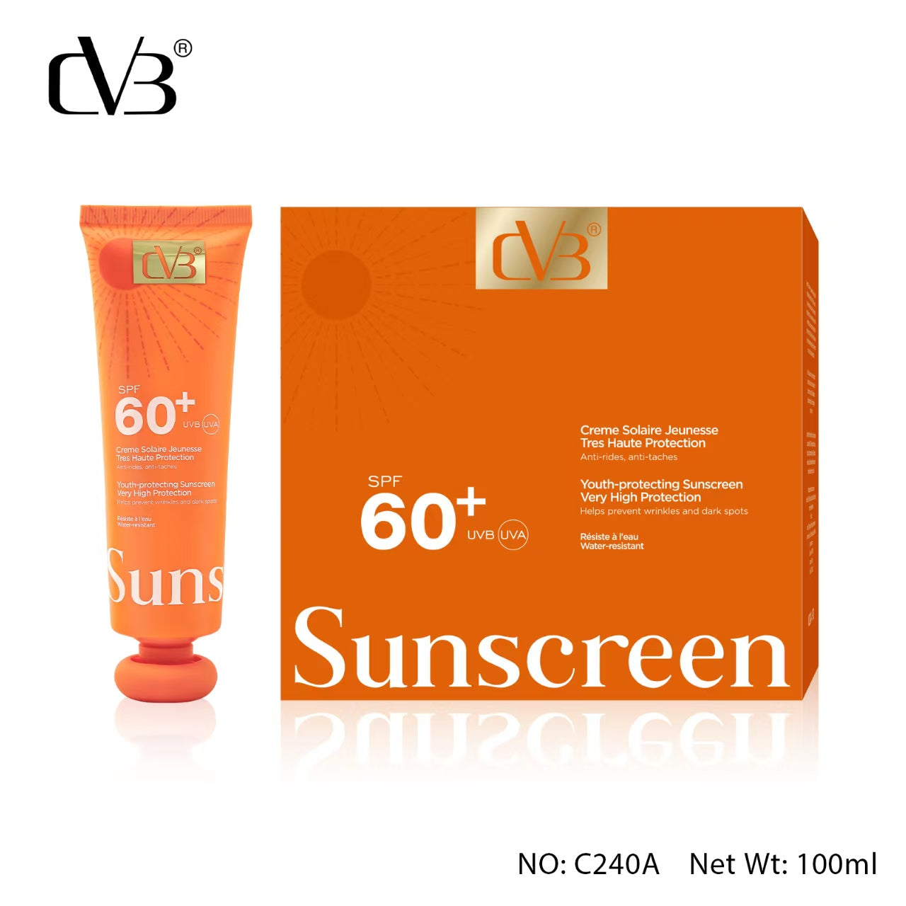 Sunscreen tube and packaging with 'CVB' branding on a white background