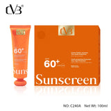 Sunscreen tube and packaging with 'CVB' branding on a white background